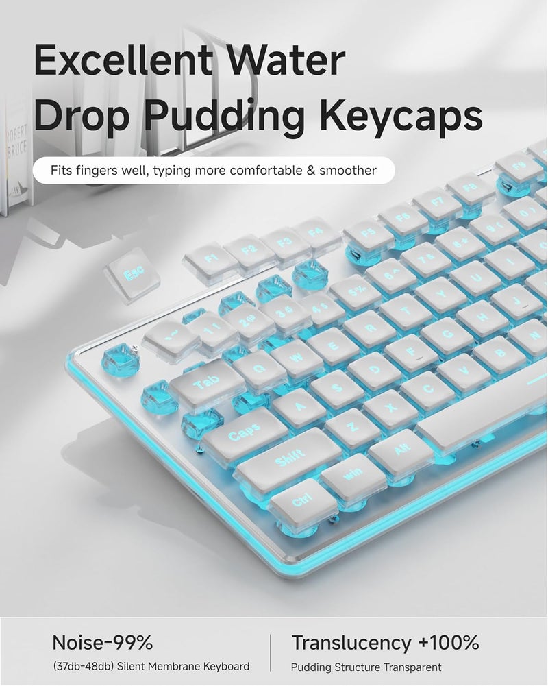 SEUNKWANG GX710S Backlit Computer Keyboards, Wired USB Keyboard with Blue Backlit, Metal Panel, Plug and Play, Pudding Keycaps Full Size Quite Computer Keyboard for Win/PC/Laptop-White - Image 4